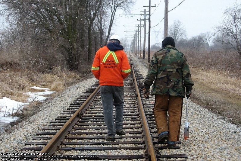 Frank Devries and Bob Olson inspecting tie and rail conditions on the mainline. 3-5-11