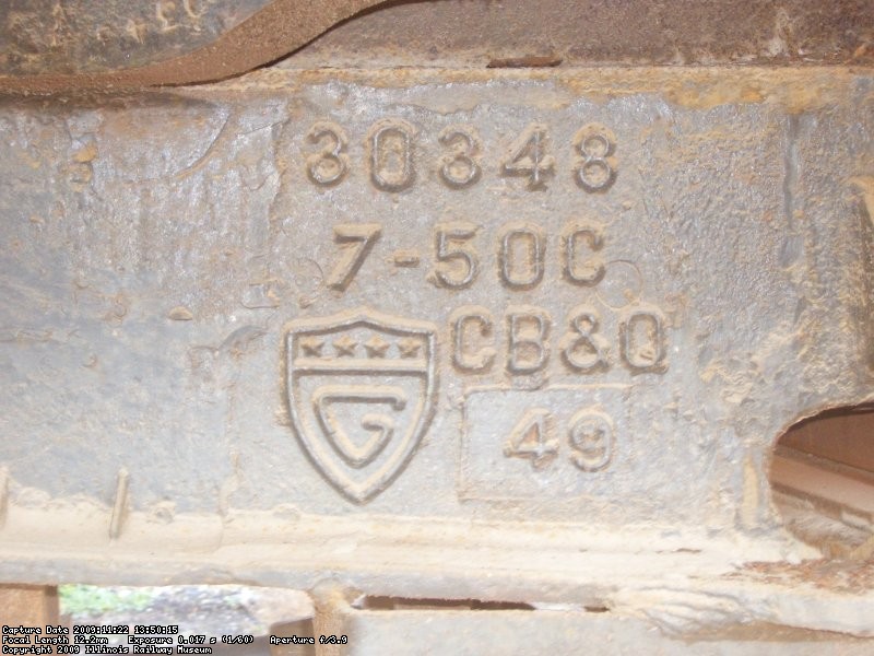 11.22.09 - THIS IS A CLOSE-UP OF THE CASTING INFORMATION.  IT APPEARS TO SHOW THAT THE CASTING WAS MADE IN 1949.  THIS WOULD SEEM TO INDICATE THAT THE CB&Q BUILT THE CAR.