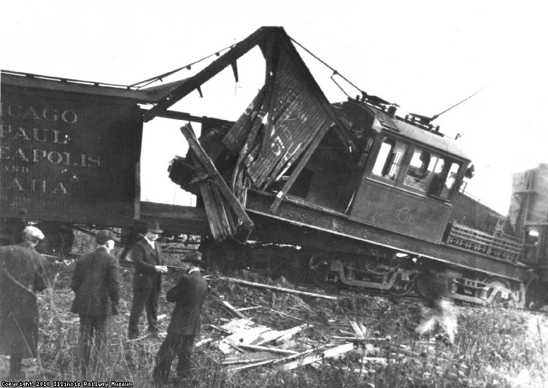 Runaway boxcars wreck locomotive-1919-Ernest Haller Collection