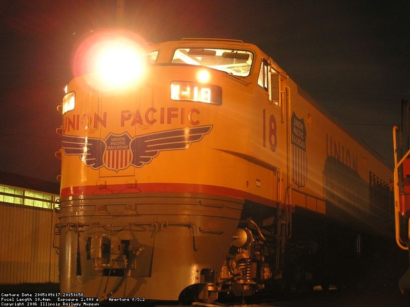 Union Pacific #18 a lit up at night.