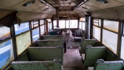 Interior of Conn Co 590, looking toward the front.  Yes, that is a single seat facing backward next to the driver! - 10/29/2015