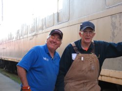 Mark Gellman and Ray Mormann taking a break from work on the Exhibit Cars exterior body work