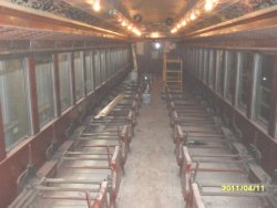 DL&W coach interior stripped of seats etc being prepped for long-term interior paint job by Mark Hoffman April 2011