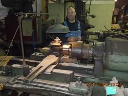This is Eric Hoyem one of the steam shop machinists working on a new bearing for the 1630's side rod 2-7-15   DSCN1254