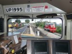 Looking out from the cab of the CNW Heritage Unit, we see the recently restored CB&Q 504, the CB&Q caboose, Minnesota Transfer 200, WC 7525, BN 5383 and CB&Q 9255