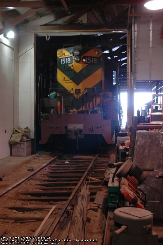 C&NW 1518 nosing into the heated portion of the Diesel Shop where it will take TMER&L 966's old parking spot. - DSC_8297.JPG