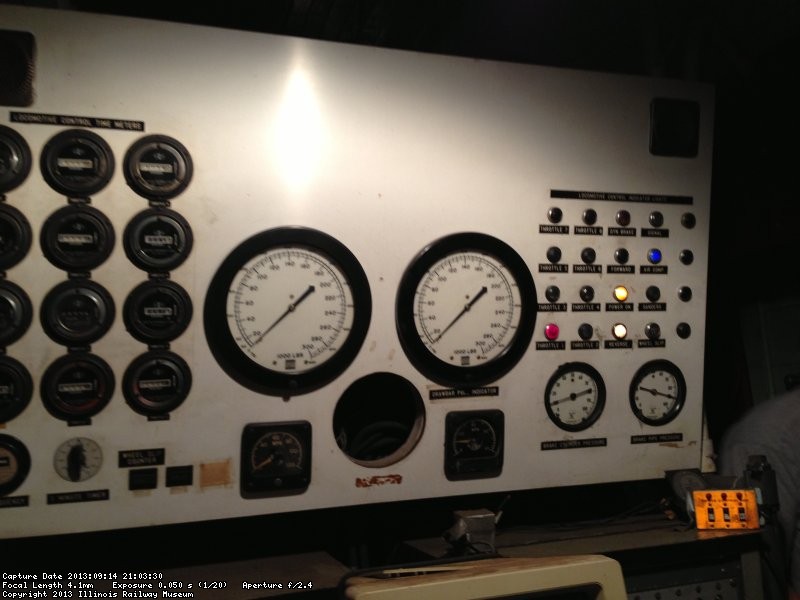 Instrument Panel showing loco throttle position, gen field, and other on/off events. 9/14/13.