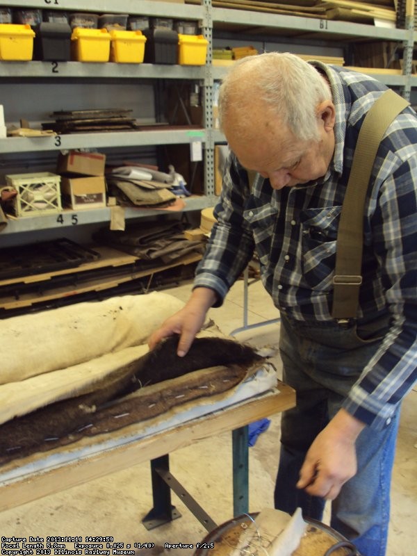 John McKelvey sewing seat bottoms together prior to recovering them