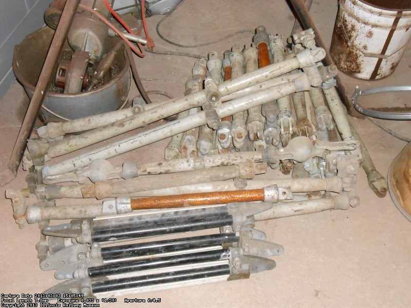 Old Chicago (CTA) trolley bus overhead parts gathered for reconditioning.