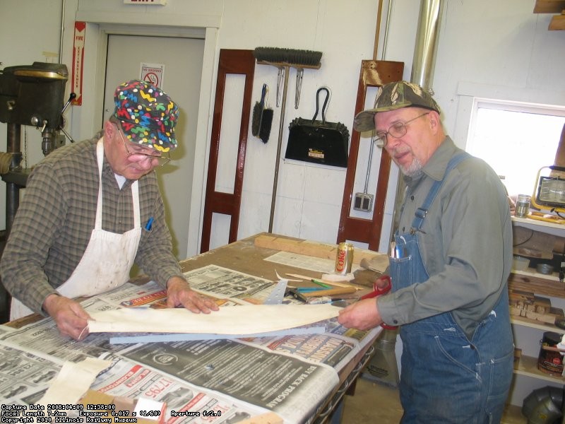 Motorman's arm rest being restored with help from Frank Sirinek.