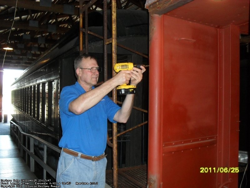 Roger drilling hole for future installation of marker light bracket. Pullman sleeper John Mcloughlin June 2011