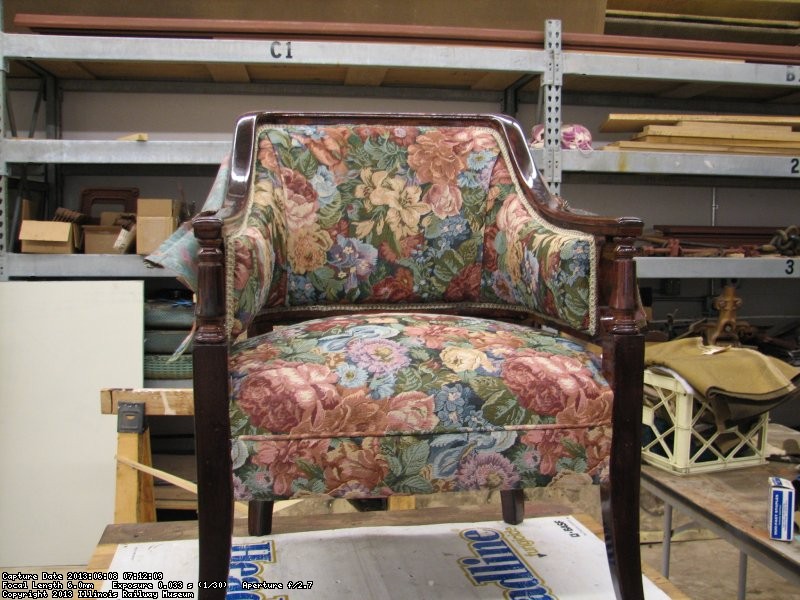 One of two chairs John McKelvey is reupholstering for use in the Lake City.