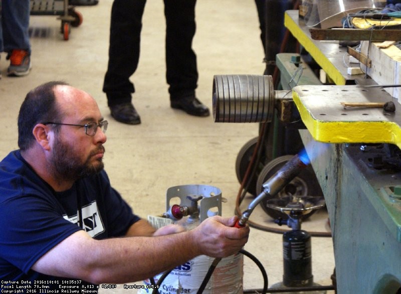 Torches were used to heat the bearing pockets for the lower pour. Photo by Buzz Morisette.