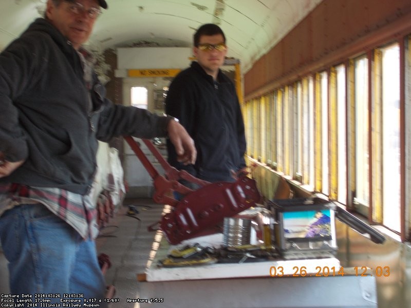  In the background is, Christian, a new volunteer to the Steam dept.  He was helping Gary install one of two seat frames this Wednesday.     3-26-14  DSCN0769