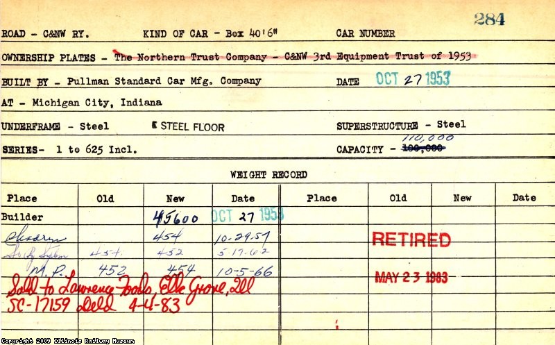 284 box car; scan of car card