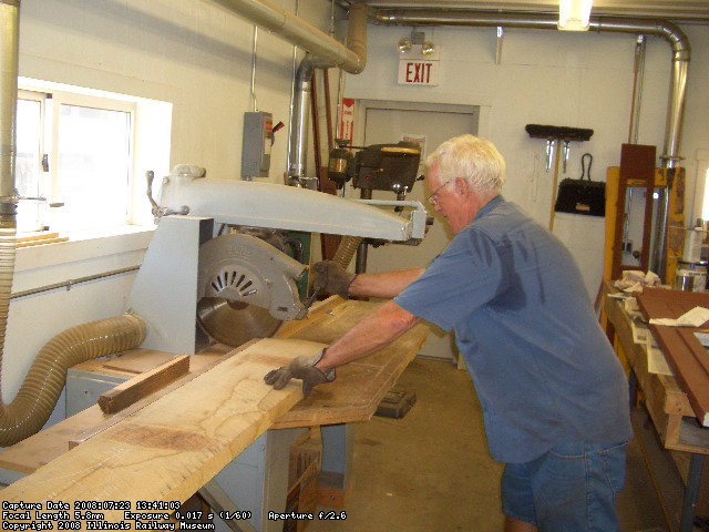 07.23.08 - KIRK WARNER CUTS ONE OF THE PIECES OF WOOD FOR THE RUNNING BOARDS.