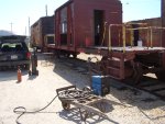 06.06.07 - SETTING UP TO WELD A ROOF LEAK. THE OXY/ACETYLENE TORCH IS ON HAND TO HEAT AND REMOVE PAINT AND RUST FROM THE BOLTS WHICH HELD THE SIDING ON THE CAR.