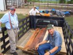 08.08.07 - JOHN NELLIGAN, VICTOR HUMPHREYS, BOB KUTELLA AND KIRK WARNER , (NOT IN  PHOTO) TAKE A SHORT BREAK FROM TRANSFERING THE OAK, PICKED UP BY KIRK WARNER AT THE SAWMILL.  THE BOARDS ARE TO BE USED FOR THE DECKING ON BOTH ENDS OF THE CABOOSE. INSTALLATION WILL START ON 08.12.07 IF THERE IS NO RAIN AND THE WOOD DRYS ADEQUATELY.