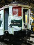 Fresh paint on #2 end of 749. Note the coupler knuckle removed so a diesel could push the car out from under wire.