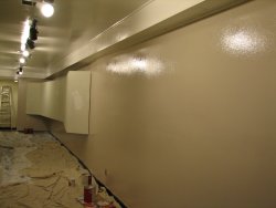 One wall with first coat of tan paint