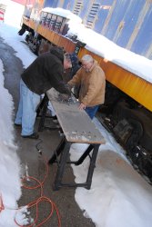 Mike and Mark Gellman sanding the vestibule closet door 2/16/14