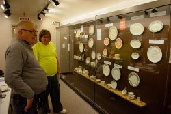 Jim Windmeier and Mark Gellman pondering the dining car china display in the 1st Exhibit Car - Photo by Jon Habegger