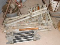 Old Chicago (CTA) trolley bus overhead parts gathered for reconditioning.