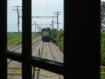 BN 5383 through the clear glass on the Rock Island crummy