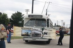 Bill Wagner at the Wheel of CTA Marmon-Herrington 9553 Officially Dedicates the Wagner Loop.