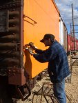 10.26.08 - JOHN BALETTO HAS WIRE WHEELED THE SIDE OF THE END METAL BULKHEAD AND THE HANDHOLDS AND IS PRIMING THEM.