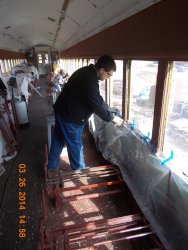 Here's Christian from the Steam dept helping us on a Wednesday. He's covering the newly painted panels w/ plastic.   Thanks for the help! 3-26-14  DSCN0772