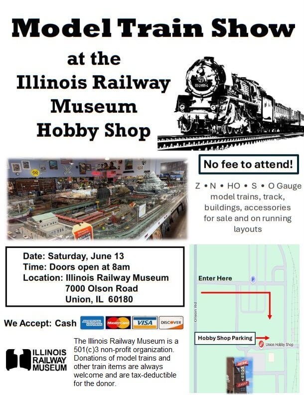Notice of a train show at the Illinois Railway Museum on June 13, 2026.