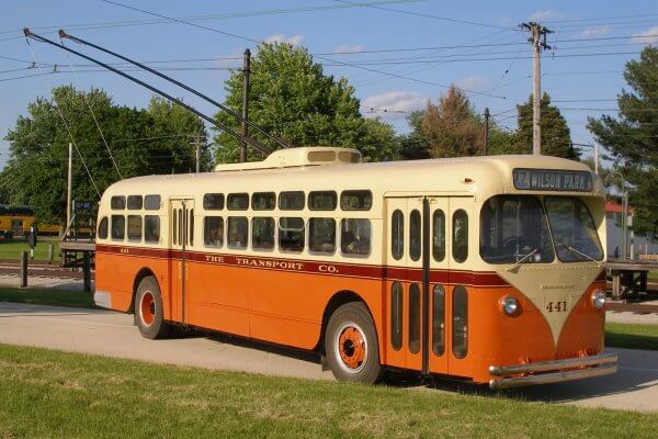 Milwaukee electric trolley bus 441 in use at the Illinois Railway Museum following its restoration