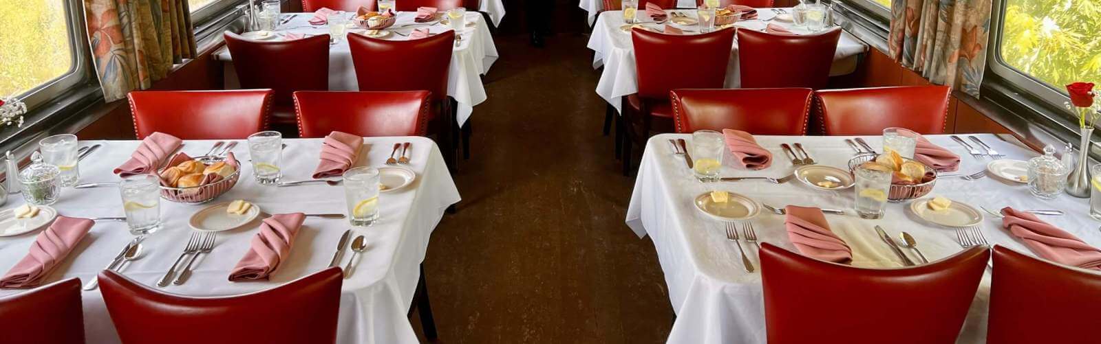 Place settings in the dining car Ceres aboard the Nebraska Zephyr during a dinner train