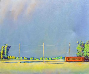 Painting of a streetcar from Under the Wire: The Art and Life of Mitch Markovitz, an exhibit at the Illinois Railway Museum