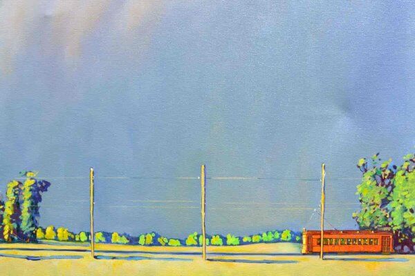 Painting of a streetcar from Under the Wire: The Art and Life of Mitch Markovitz, an exhibit at the Illinois Railway Museum
