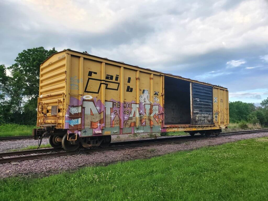 1975-era Railbox boxcar RBOX 21491 pictured upon arrival at the Illinois Railway Museum.