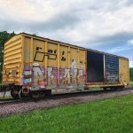 1975-era Railbox boxcar RBOX 21491 pictured upon arrival at the Illinois Railway Museum.