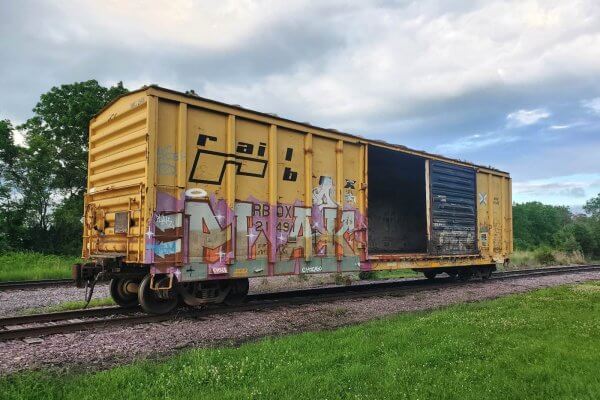 1975-era Railbox boxcar RBOX 21491 pictured upon arrival at the Illinois Railway Museum.